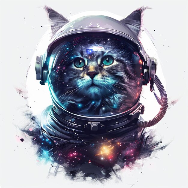 Cute astronaut cat in white space with lights on