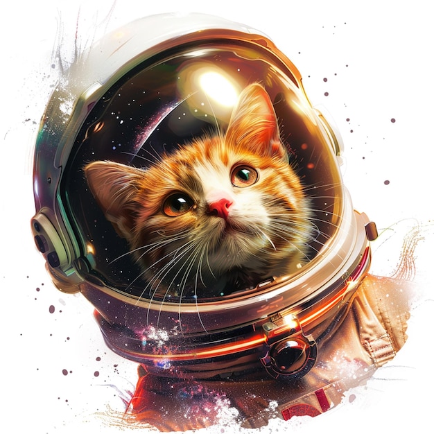 Cute astronaut cat in white space with lights on