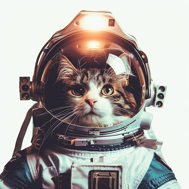 Cute astronaut cat in white space with lights on