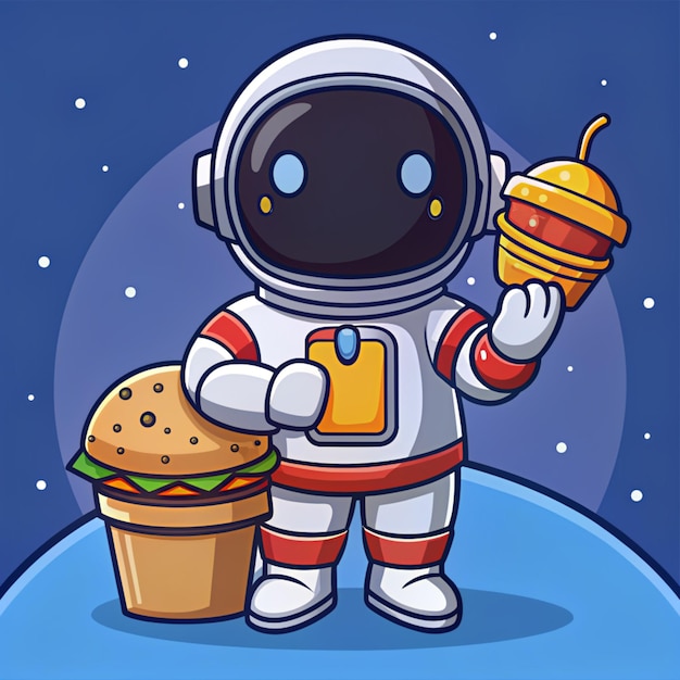 Photo cute astronaut eating burger with french fries and soda on moon in space cartoon vector icon illustration science food icon concept isolated premium vector flat cartoon style