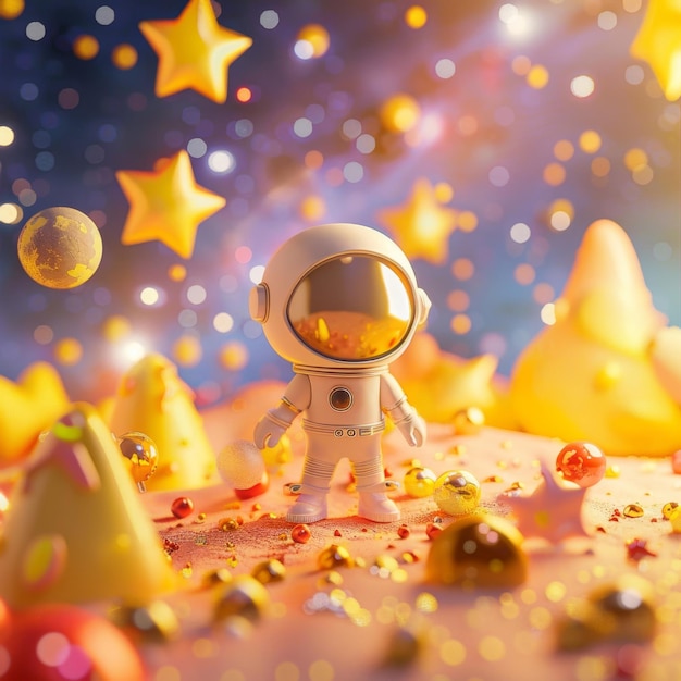 cute astronaut explorer on a whimsical alien planet stars twinkling 3d style