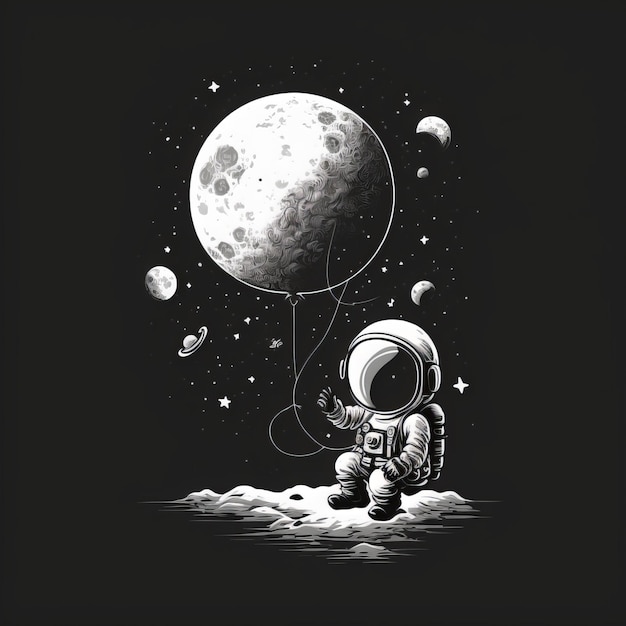 Cute astronaut, moon in background, black and white only