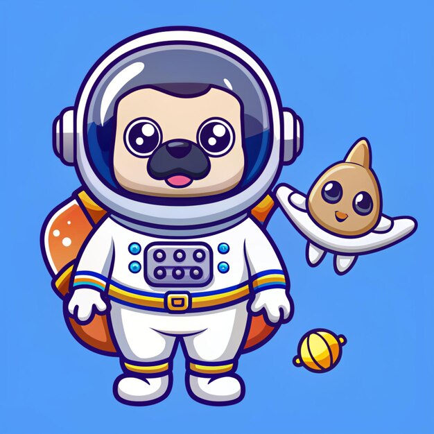 Photo cute astronaut with pug dog cartoon vector icon illustration science animal icon concept isolated premium vector flat cartoon style