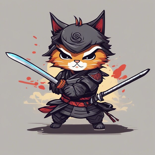 Photo a cute attitude cats samural warrior ninja cat with sword t shirt design