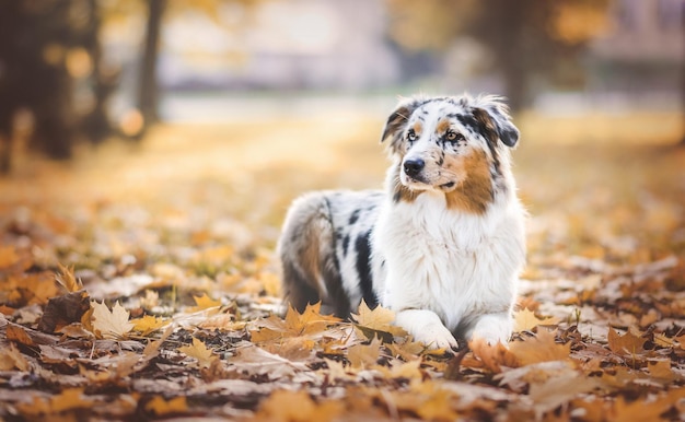 Cute australian shepherd dog lies on yellow leaves in an autumn park