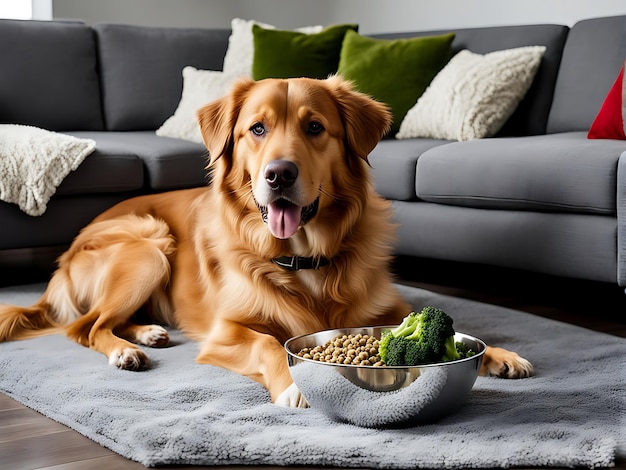 Cute Australian Shepherd dog near bowls with vegetables and dry food at home