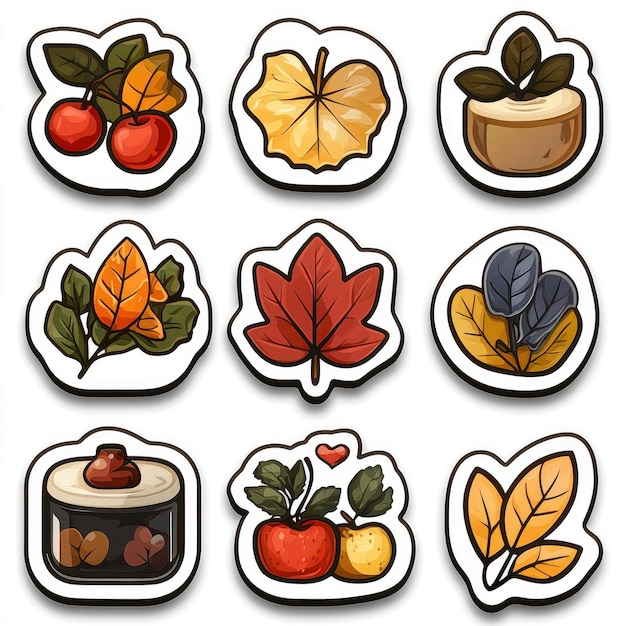 Photo cute autumn stickers with leaves apples and berries