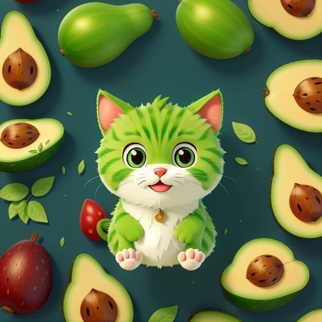 Photo cute avocado cat cartoon vector icon illustration animal fruit icon concept isolated premium vector flat cartoon style