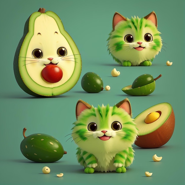 Photo cute avocado cat cartoon vector icon illustration animal fruit icon concept isolated premium vector flat cartoon style