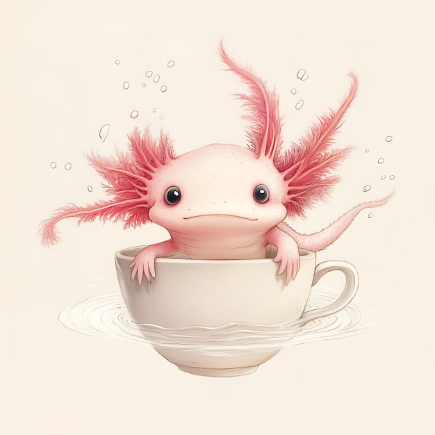 Cute Axoloti in a Teacup with Water Ripples