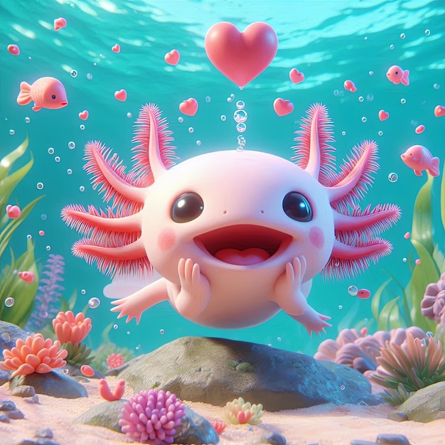 Cute Axolotl Falling In Love Cartoon 3d