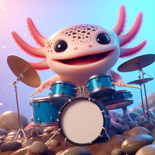 Cute Axolotl Playing Drum Cartoon 3d