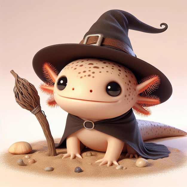 Cute Axolotl Witch Wearing Hat Cartoon 3d