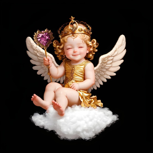 Cute Baby Angel Princess Dressed in Gold Wearing a Crown and a Heart Shaped Scepter