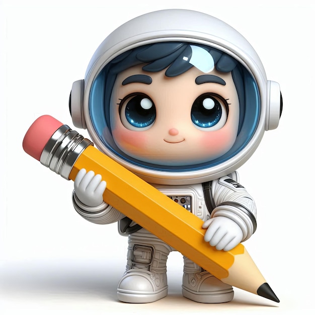 cUte baby astronaut holding pencil cartoon 3d