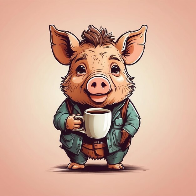 Photo cute baby boar cup of coffee vector logo little animal character illustration simbol print