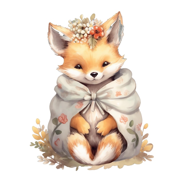 Cute baby Boho Fox watercolor illustration