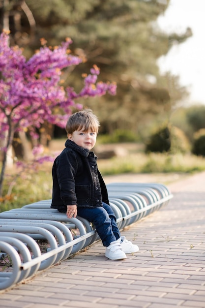 Cute baby boy 1-2 year old wear casual denim jacket and pants posing in park outdoor over nature