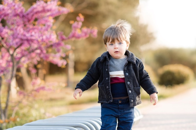 Cute baby boy 1-2 year old wear casual denim jacket and pants posing in park outdoor over nature