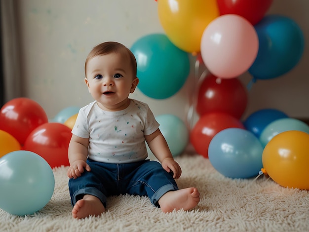 cute baby boy play with colorful balloons in birthday party play room in home