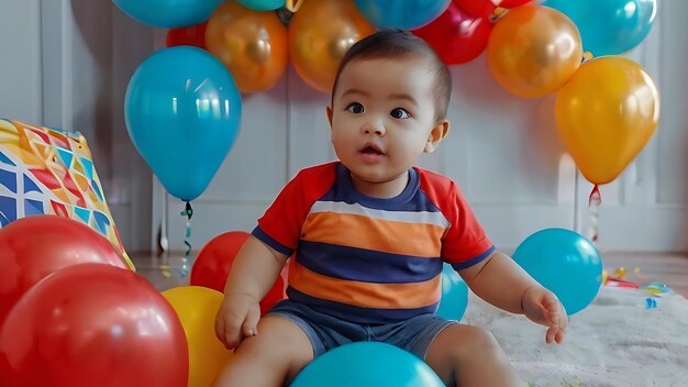 cute baby boy play with colorful balloons in birthday party play room in home