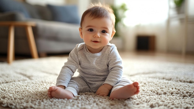 Photo cute baby boy sitting on carpet at home