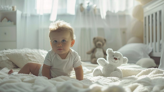 Cute baby boy in white bodysuit playing on bed at home