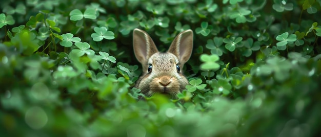 Photo cute baby bunny concealed in lush clover patch adorable easter animal photography