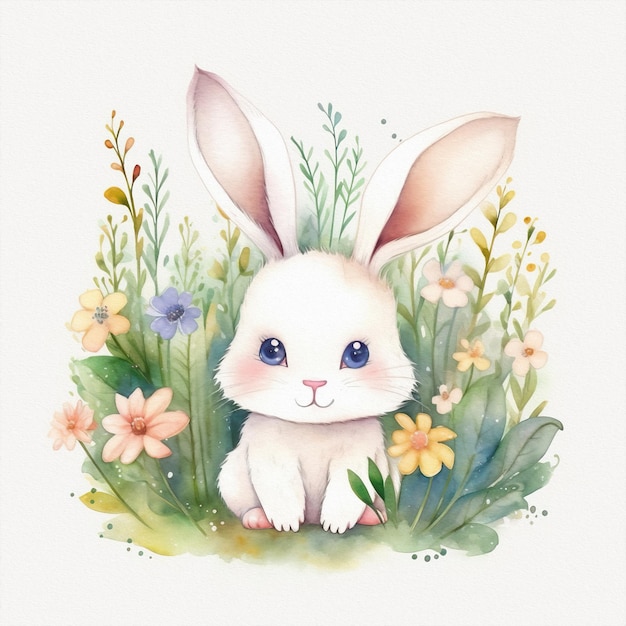 Cute baby bunny pastel colors flowers watercolor illustration