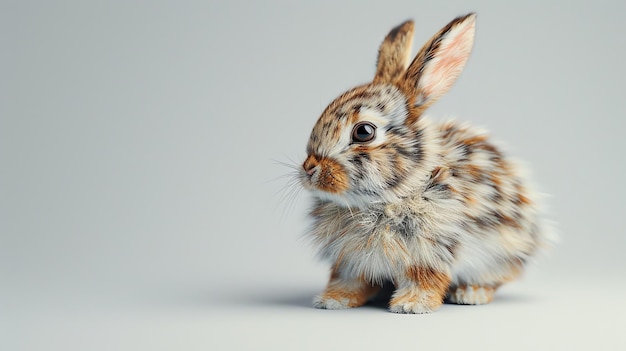 Cute baby bunny sitting on a white background looking at the camera with a curious expression