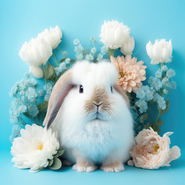 Cute baby bunny with flowers on blue background Cute fluffy rabbit Animal Easter symbol concept Generative AI