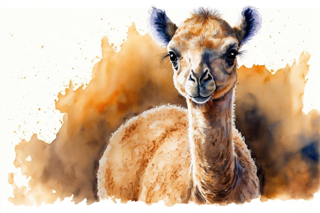 Cute baby camel in desert Watercolor painting