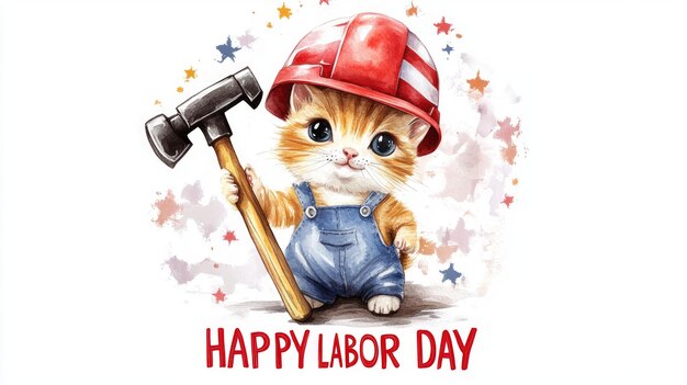 Photo cute baby cat celebrates labor day in a workers helmet with a hammer showcasing playful patriotic colors against a white backdrop