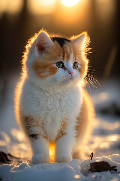 Cute Baby cat sitting in the snow with beautiful sun light Generated by AI