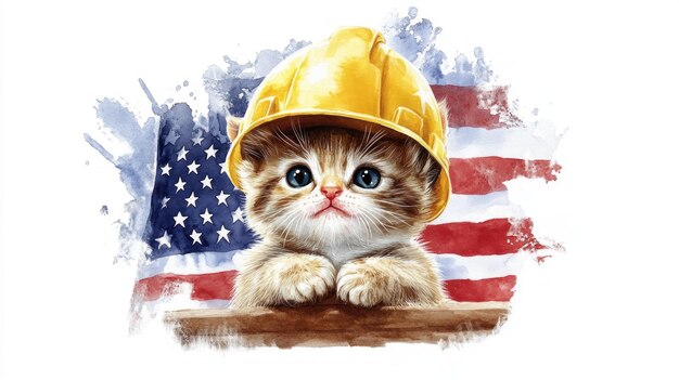 Photo cute baby cat in a workers helmet with usa flag background for labor day tshirt design featuring simple watercolor art