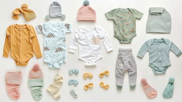 Photo cute baby clothing display with various outfits arranged on a soft beige background