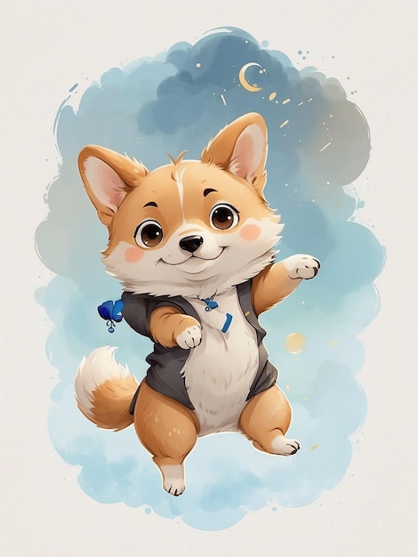 Cute baby corgi dog painting flying in the sky