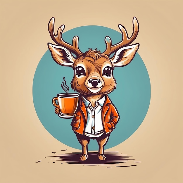 Cute baby deer cup of coffee Vector Logo little animal character illustration simbol print