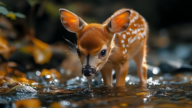 Photo cute baby deer drinking water from stream realistic image