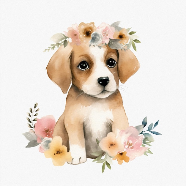 Cute baby dog pastel colors flowers watercolor illustration