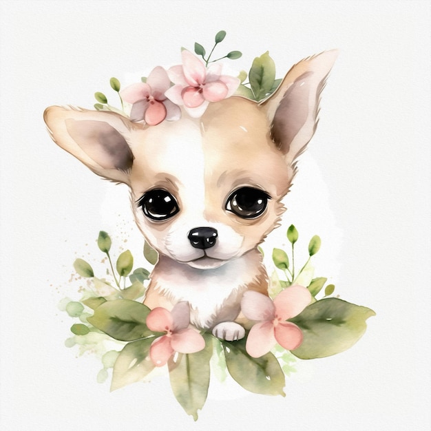 Cute baby dog pastel colors flowers watercolor illustration