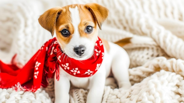 Photo cute baby dog red bandana on white background