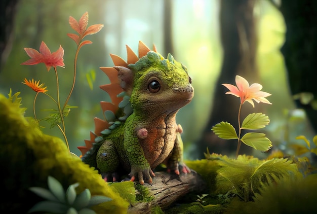 Cute baby dragon in spring forest