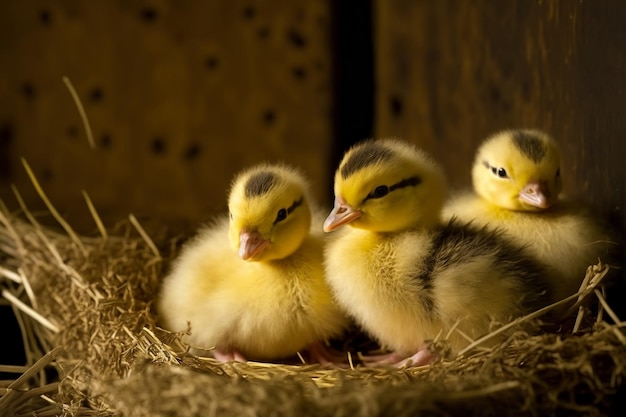 Cute baby duck ducklings in a nest. Generative AI