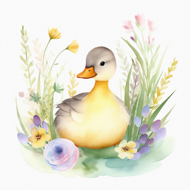 Cute baby duck in grass pastel colors flowers watercolor illustration