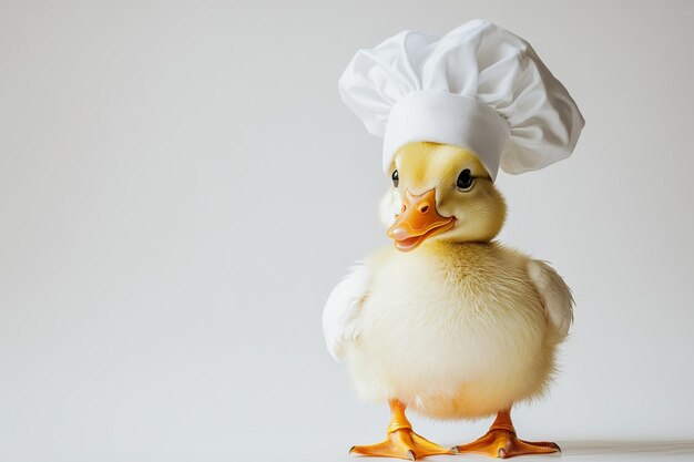 Photo a cute baby duckling wearing a white chef hat standing on a white background this image is pe