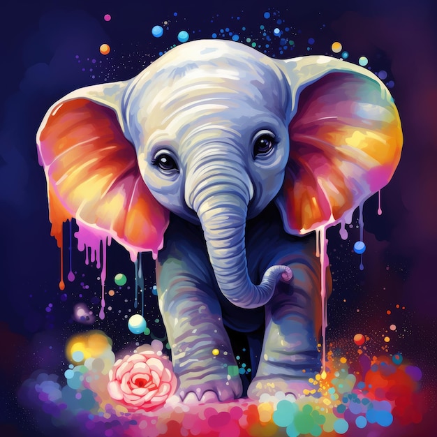 Cute baby elephant in bright rainbow colors