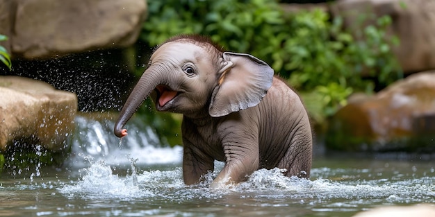 Photo cute baby elephant enjoying a splash in watering hole