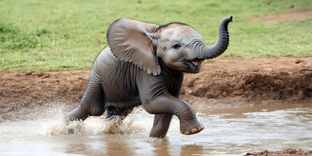 Photo cute baby elephant enjoying a splash in watering hole