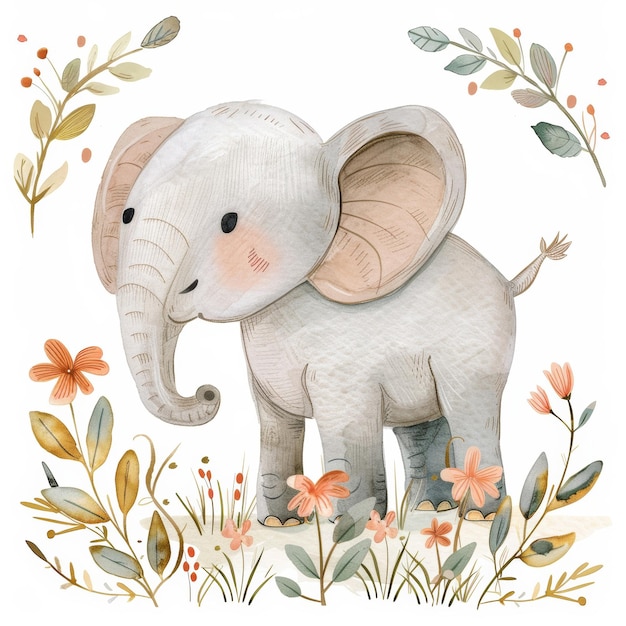 Photo cute baby elephant in floral surroundings watercolor illustration